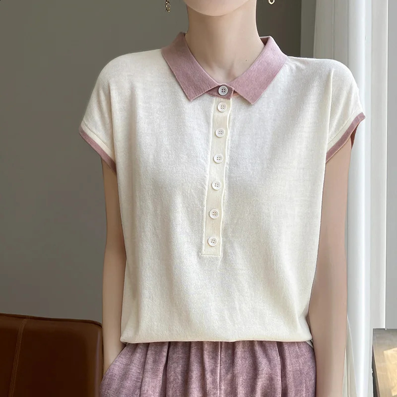 Womens T-shirts Spring/Summer Wool Knit Short Sleeve Casual Stitching Blouse Ladies Clothes Loose Tops POLO Neck Tees 250411