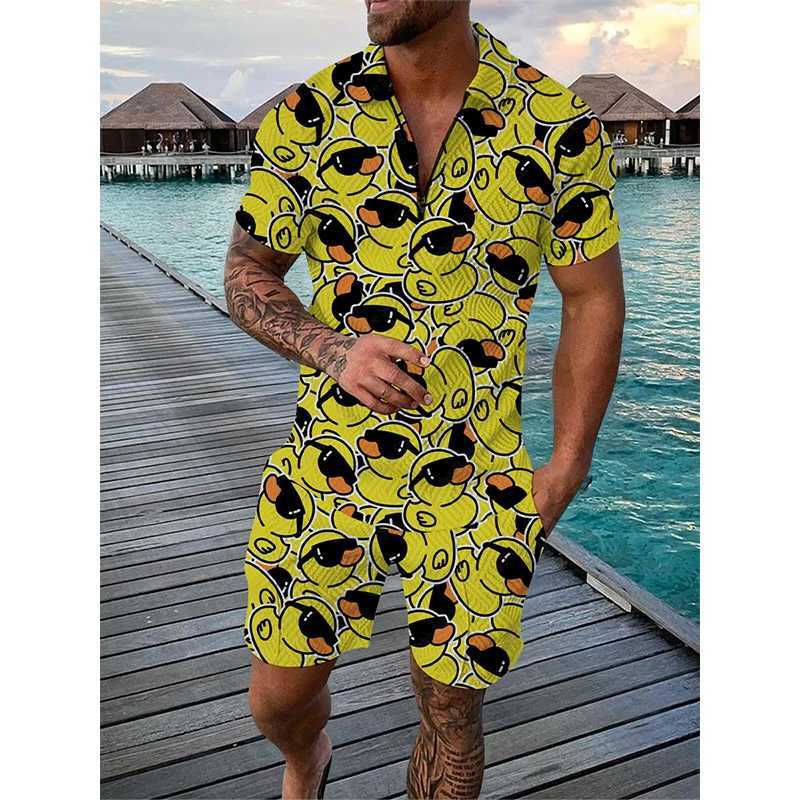 Summer mens track and field suit duck panda 3D printed short sleeved zipper polo shirt short sleeved set 2-piece mens oversized streetwear setXJ250412