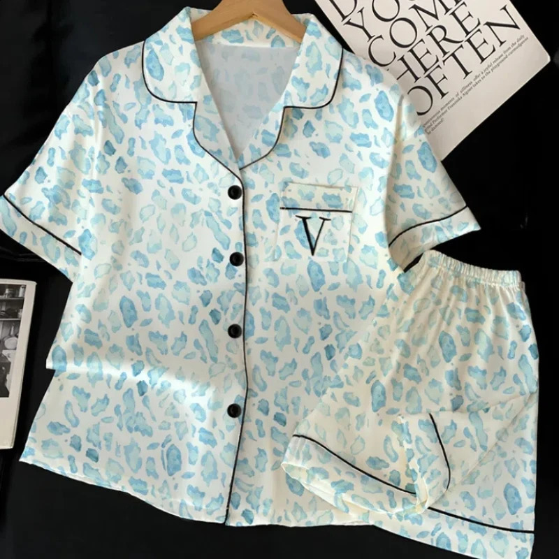 Victorian Style Fashion Leopard Print Womens Pajamas Retro Literary Fresh Homewear 2025 Summer Short Sleeve Shorts Pyjamas 250411