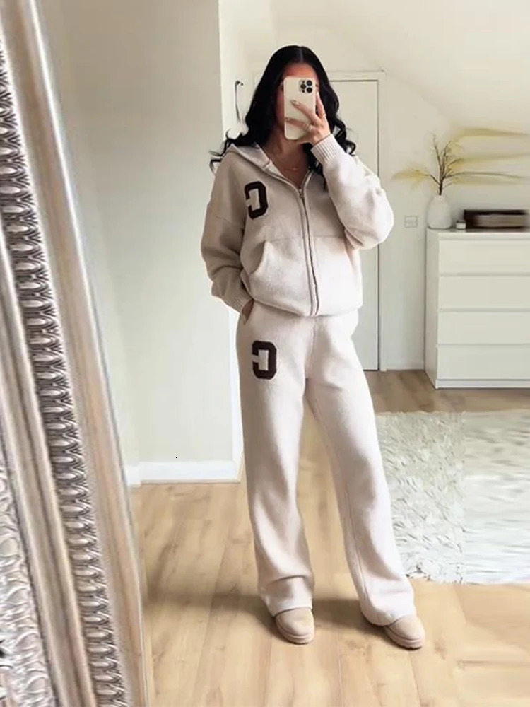 Casual Knit Cardigan Pants Set Women Hood Zipper Full Sleeve Loose Coat Straight Trousers Autumn Fashion Lady 2piece Suit 251103 - view 3