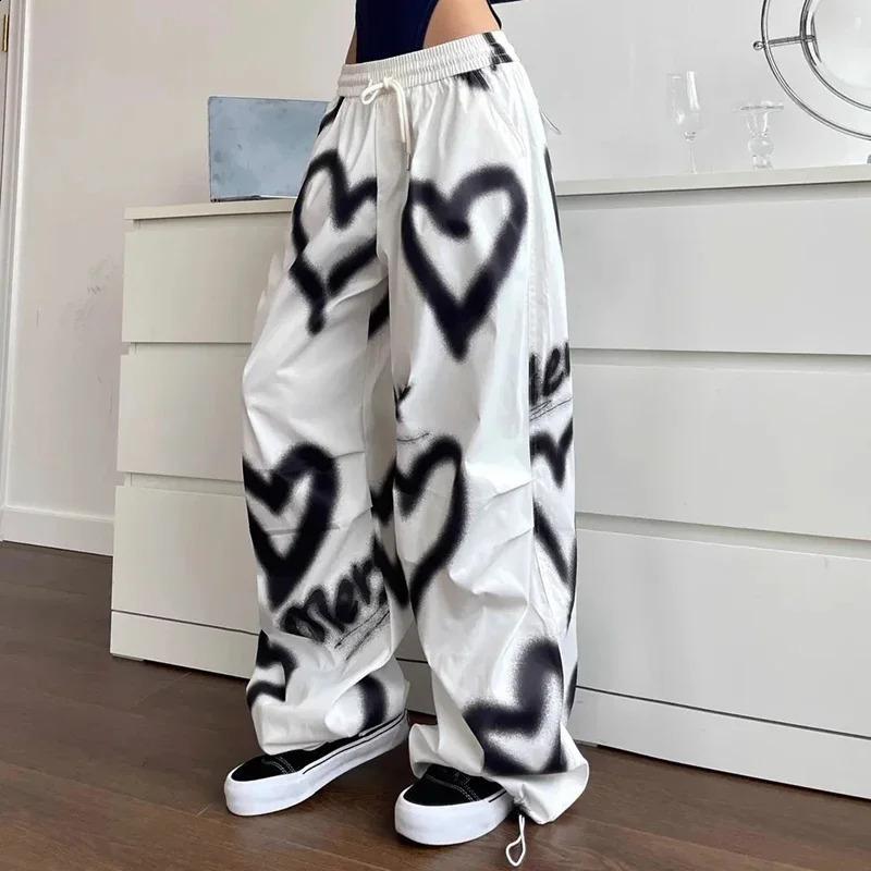 American Hip Hop Love Graffiti Womens Casual Oversized Pants Spring and Autumn Fashion Elastic High Waist Version Loose Trouser 250408