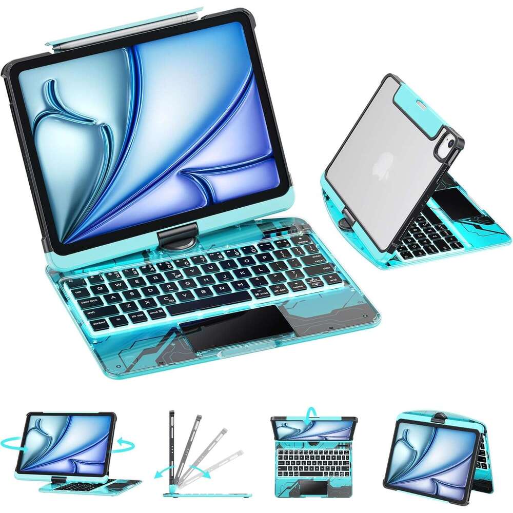 GUSGU Transparent Case with Wireless Keyboard for 11th 11-in.A16, 2025, 2022 iPad 10th Gen 10.9-in, 7 Colors Backlight, Trackpad, 360Rotating Stand, Tech Style
