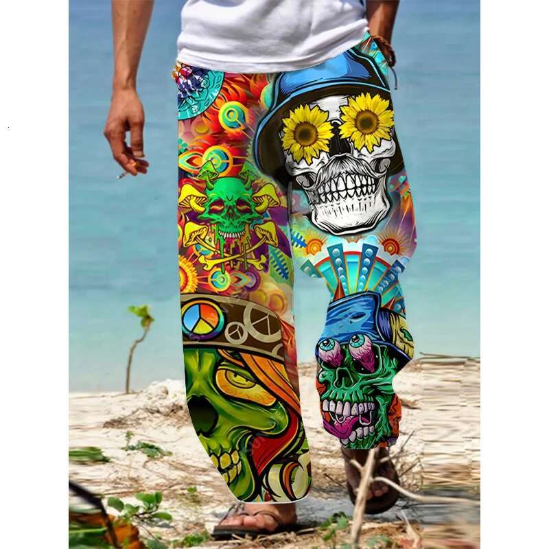 Men'S Summer Fashion Casual Pants Comfortable Loose-Fit 3D Skull Print Polyester Trousers Suitable For Outdoor Activities