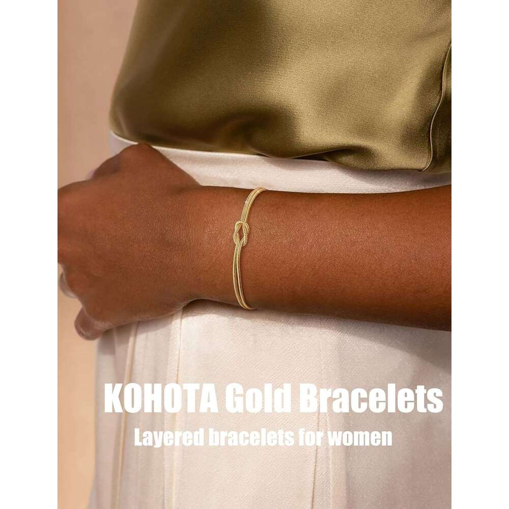 Silver Trendy 14K Gold Plated Bracelet for Women Non Tarnish Dainty Stackable Layered Chain Heart Pearl Knot Beaded Bracelets Stack Set Charm Mothers 