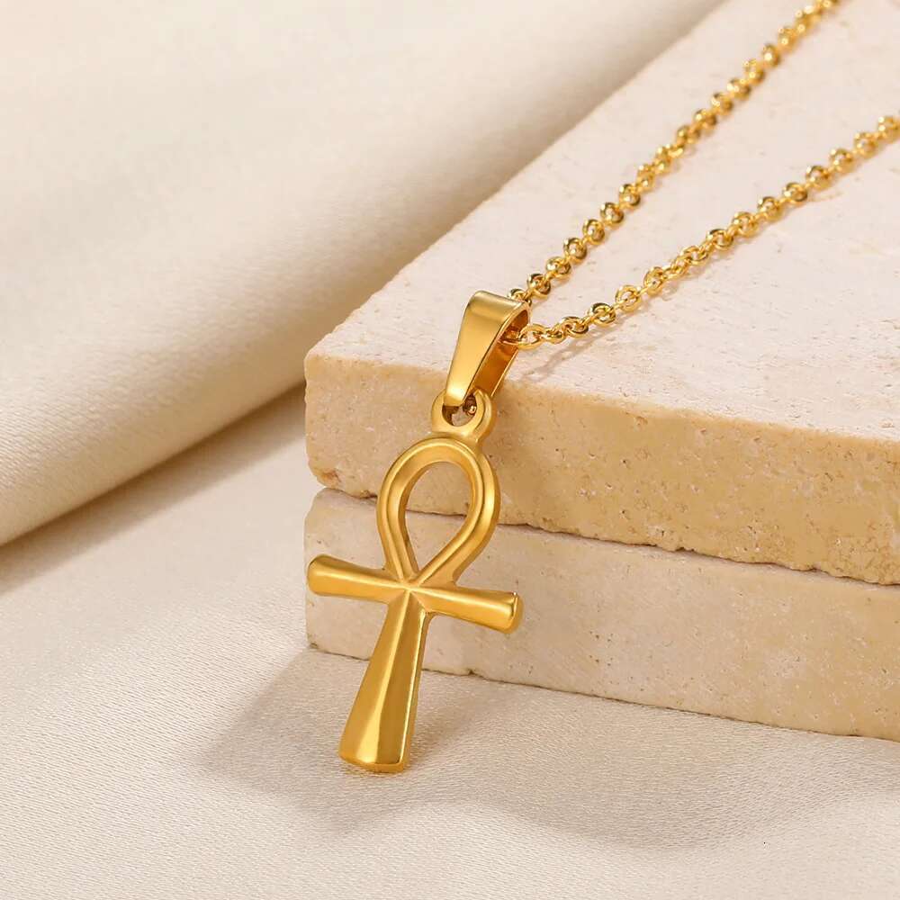 Religion Egyptian Ankh Crucifix Necklaces Gold Color Cross Charm Choker Stainless Steel Symbol of Life Jewelry Gifts Women Men