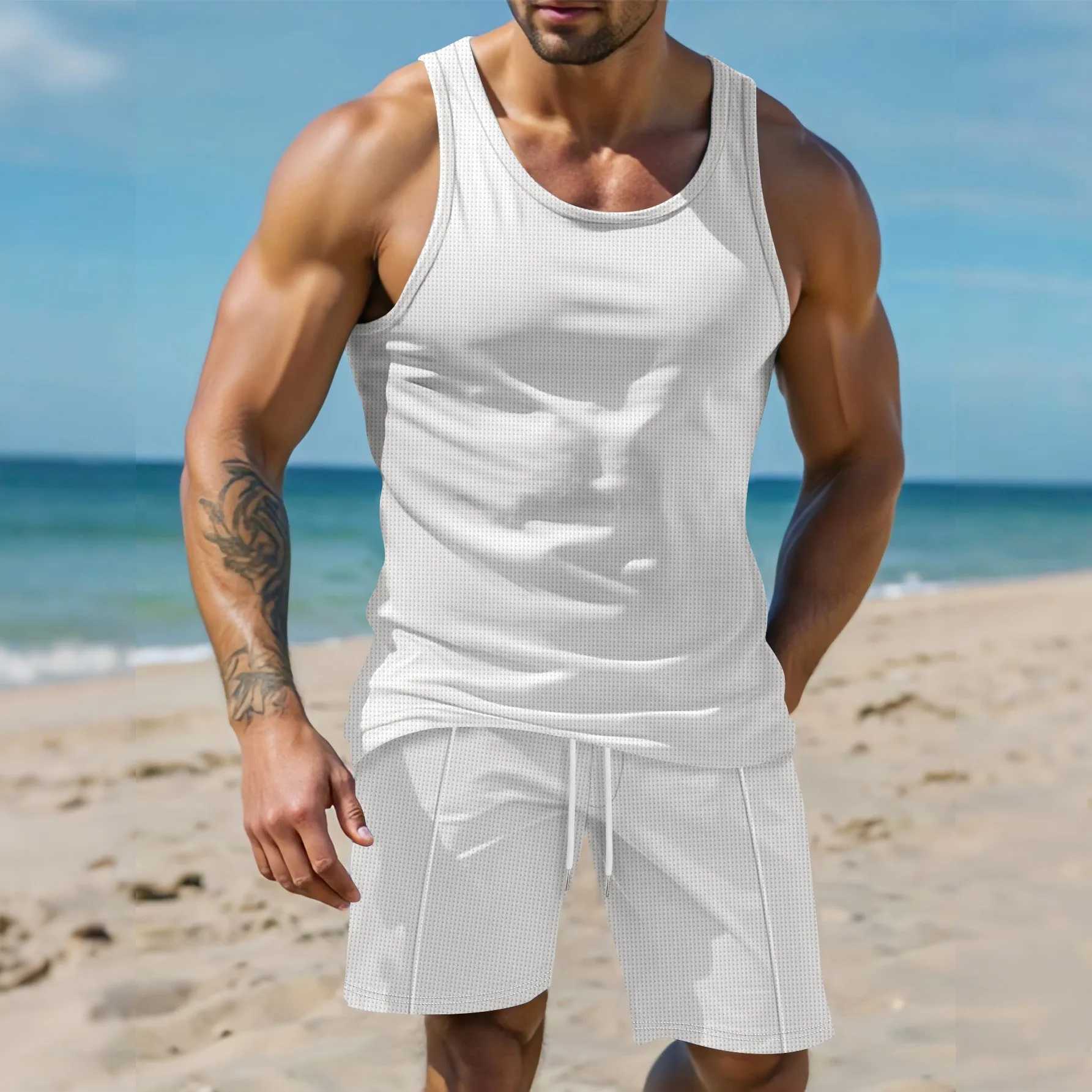 2015 new mens sports and leisure solid color breathable waffle thin summer vest drawstring shorts two setsXJ250412