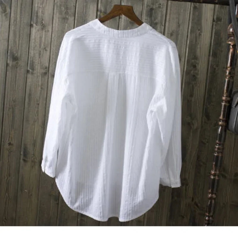 High-End Pure Cotton White Long Sleeve Womens Shirt Loose Casual V-Neck n Outerwear Top Quality Comfortable Fashion 250411