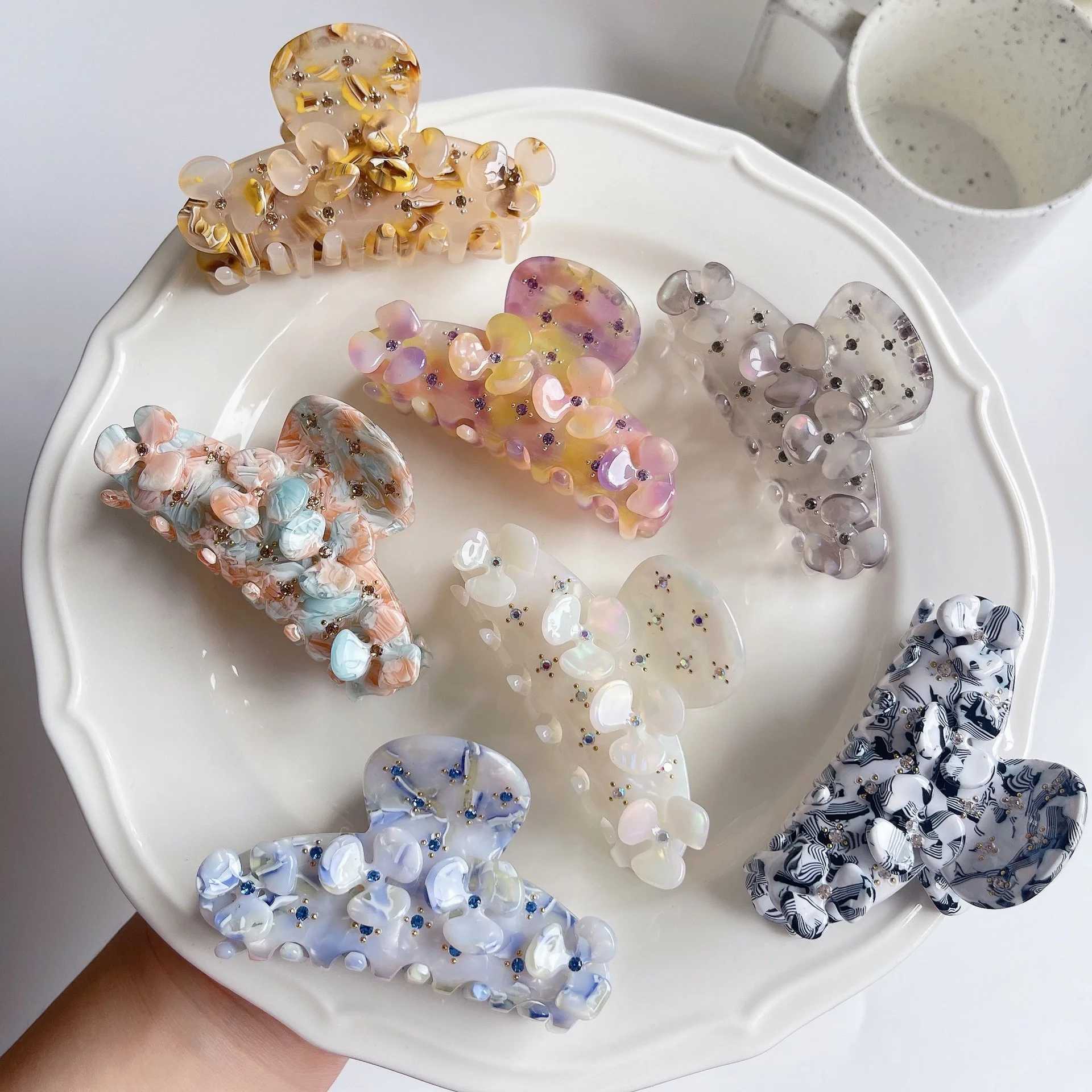 Muweordy Flower Hair Claws Acetate Claw Clip Rhine Stone Hair Clip Fashion Crab Hair Clip Ins Womens Hot Hair Accessories Y2504012