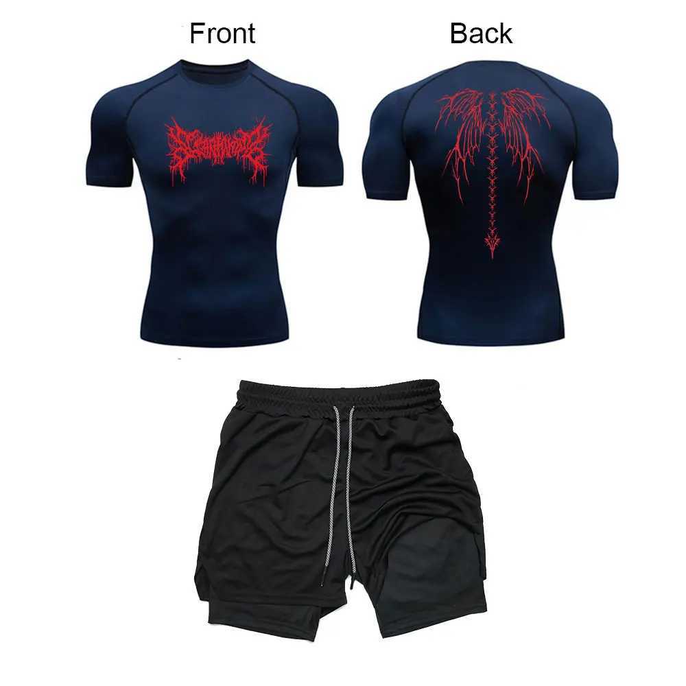 Mens Y2K skeleton printed sportswear fitness compression shirt+2-inch performance shorts summer fitness running set W250412