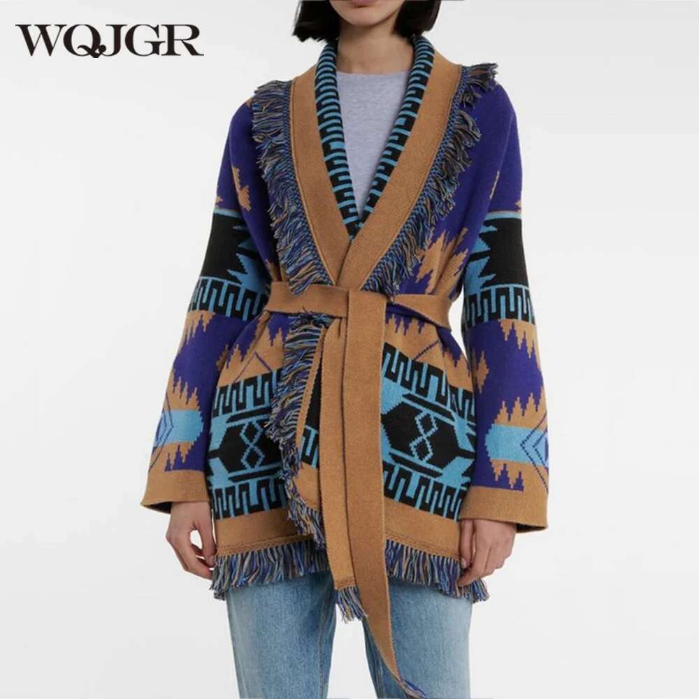 WQJGR Winter Cardigan Sweater Women Wool Kniited Tassel Colorful Print Loose Full Sleeve High Quality Sweaters Female Coat