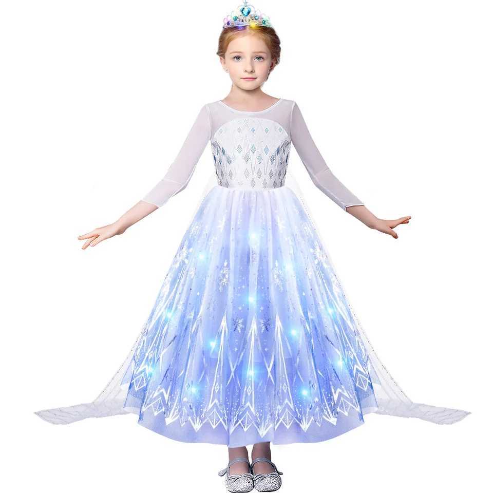 Disney 2024 Halloween Carnival Frozen Little Girl Princess Classic Costume Fantasy Role Playing White Dress Elsa LED Strip CostumeXJ250411