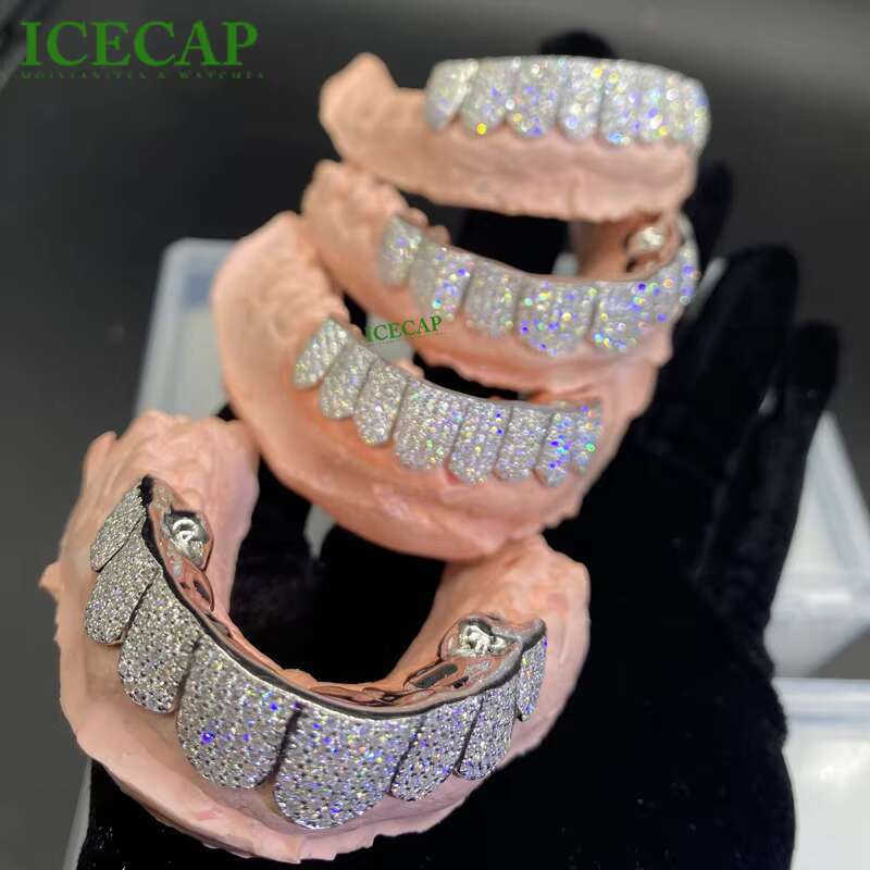 Popular Grillz Custom Flawless Mossanite Grills Teeth Big Stone Vvs Moissanite Grillz 10 Top 10 Bottom Ice Out Diamond Grillz