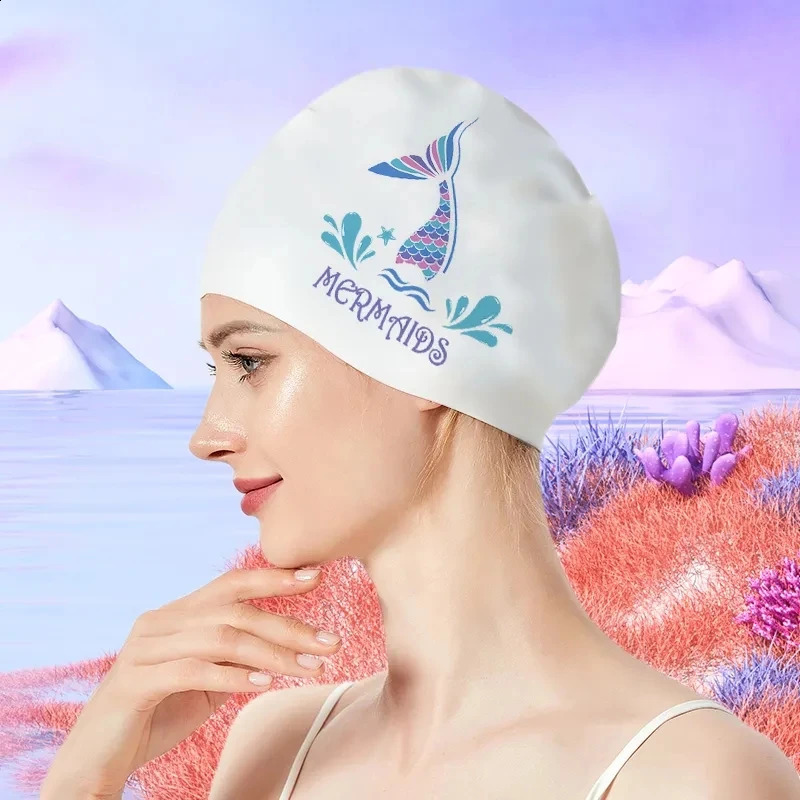 Swimming Cap Female Waterproof Elasticity Not Strangle Head Long Hair Large Ear Protection Adult Printed Silicone Fish Mermaid 250411