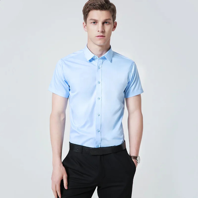 Bamboo fiber elastic mens shirt fashionable and casual business short sleeved top wrinkle resistant and iron free solid color formal shirt S-6XL 25041