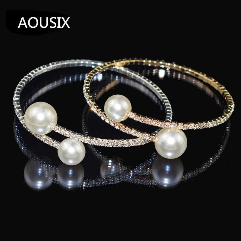 Elegant Crystal Imitation Pearl Open Bracelets for Women Gold Silver Plated Cuff Bangles necklace set Pulseras Mujer JewelryC250411