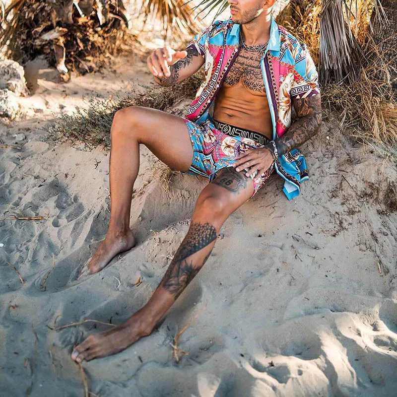 2024 Summer Mens Wear European and American Beach Digital Printed Short sleeved Mens Shorts SetXJ250412