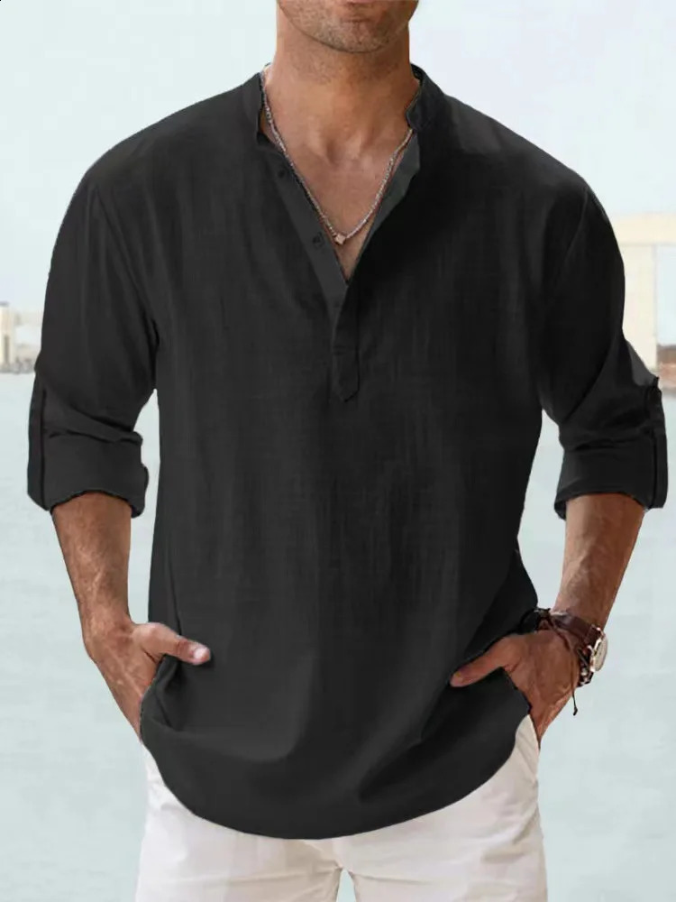 2025 Mens Cotton Linen Shirt Long Sleeve Stand Collar Casual Black White Top Street Casual Big Size Shirts Blouses 250411