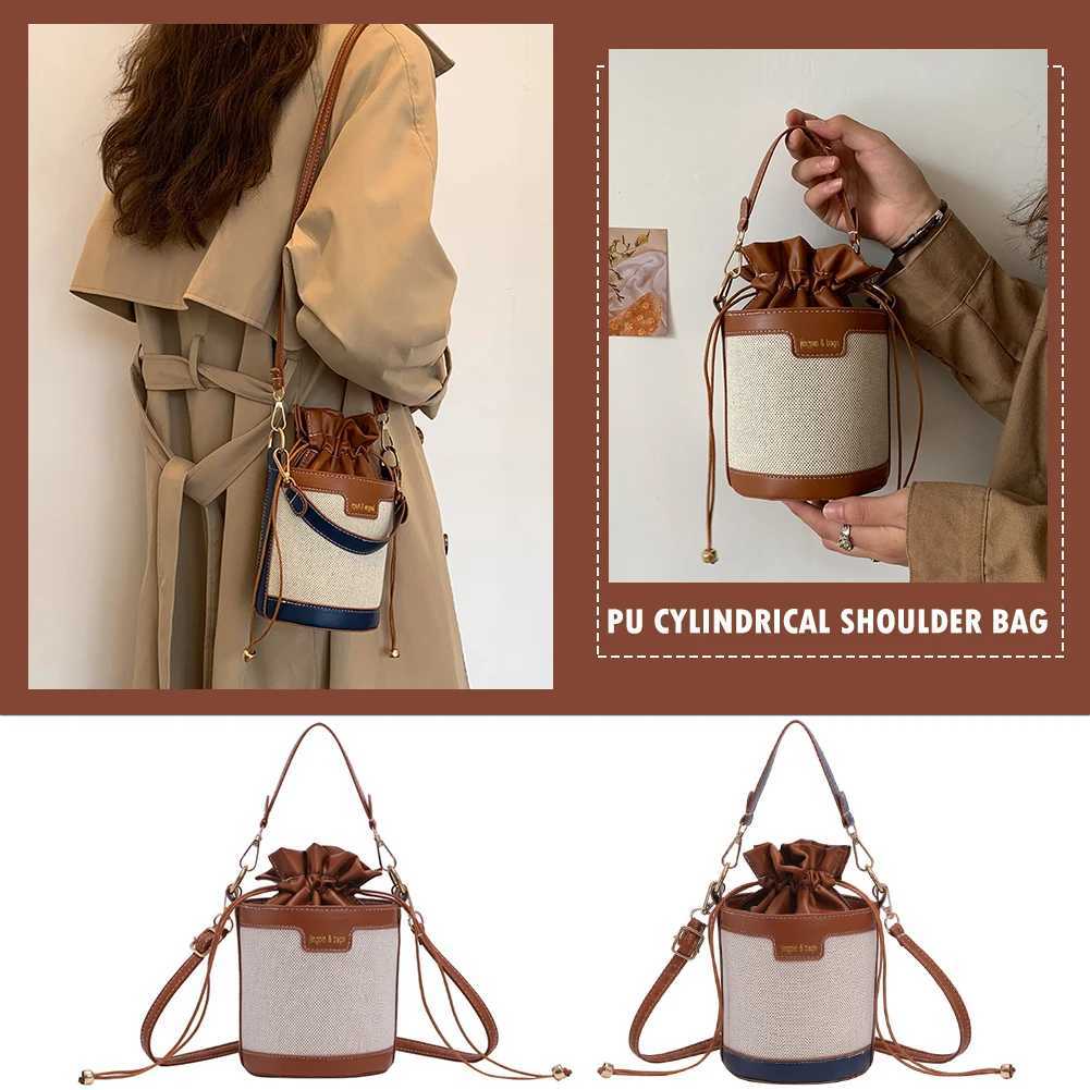 Womens retro cylindrical shoulder bag Drstring bucket leather cross body bagXJ250412