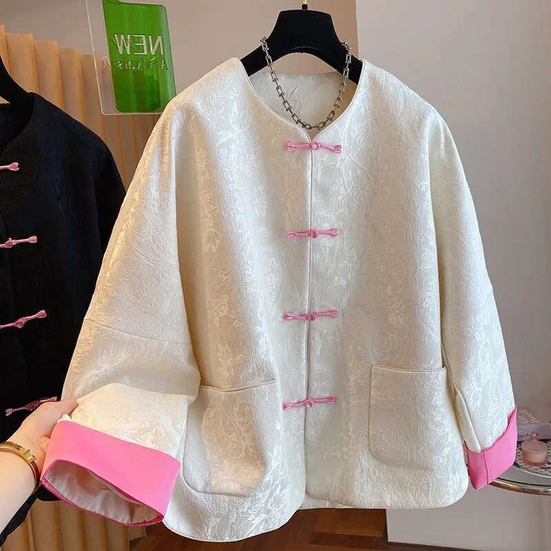 Designer Clothes Jacquard Chinese Style Loose Fit Women's 2024 Spring Autumn New Color Blocking Cardigan Jacket For Fashion