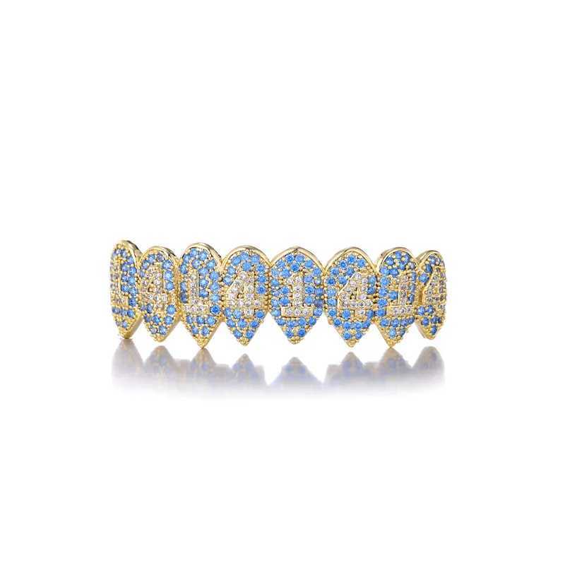Feel Style CZ Teeth Grillz Hat Shiny Blue Cube Zircon Ice Out Mini Paving Top and Bottom Charm Grill Set W250412