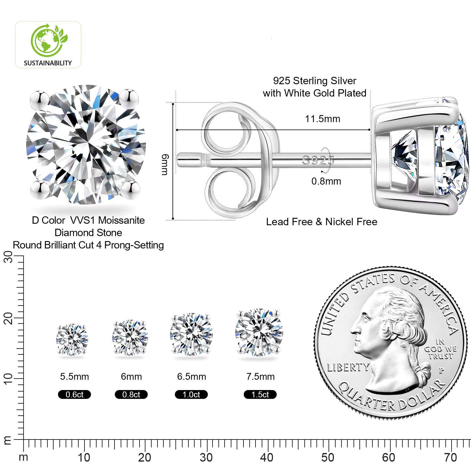 KRKC Wholesale Round Cut Vvs 1CT Mossanite Diamond 925 Sterling Silver Hypoallergenic Moissanite Gold Stud Earring for Men Women