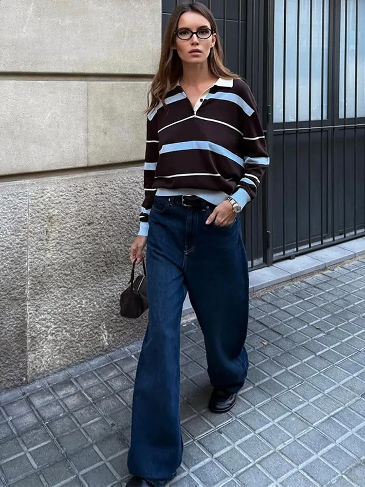 Fashion Stripe Knitted Polo Shirt for Women Casual Female Lapel Long Sleeve T-Shirt Spring Loose Lady Polo Collar Knitting Tops 250411