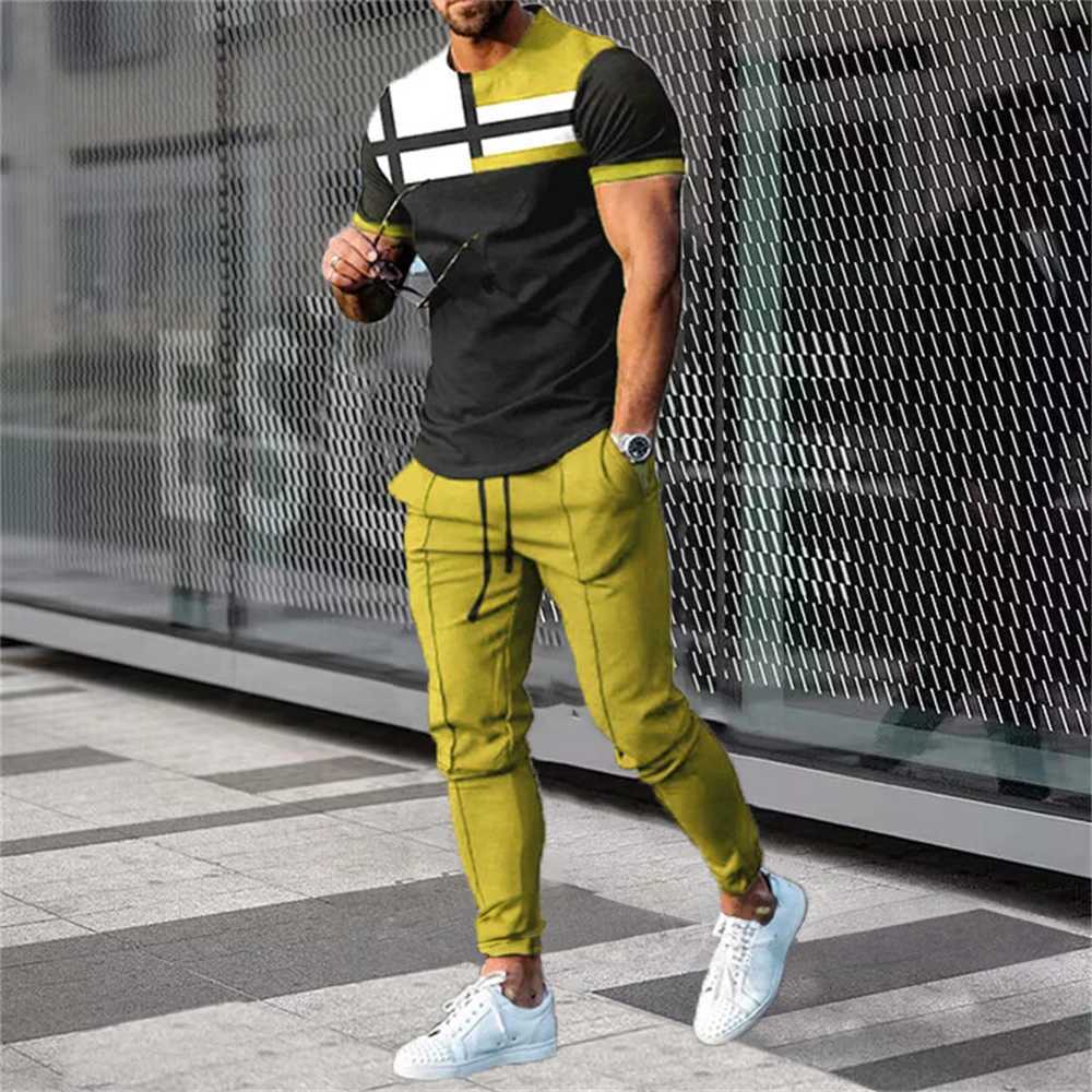 Summer casual sportswear short sleeved T-shirt mens sports pants 2-piece set mens top T-shirt 3D printed oversized mens clothingXJ250412