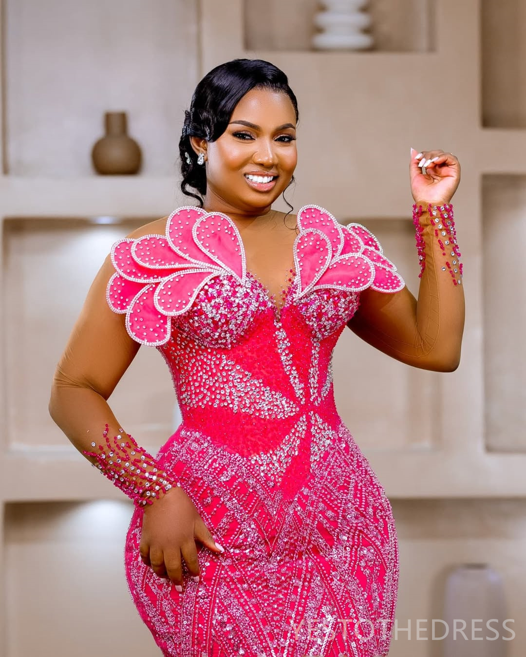 2025 Plus Size Fuchsia Prom Dress Mermaid Prom Dresses Evening Formal Gowns For Special Occasions Sheer Neck Beaded Lace Birthday Second Reception Gow