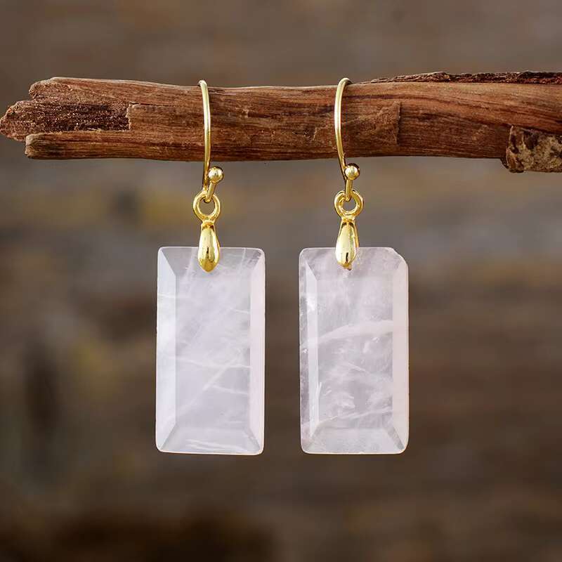 Natural Crystal Square Gemstone Dangle Gold Plated Needle Imperial Jasper Stone Drop Earrings
