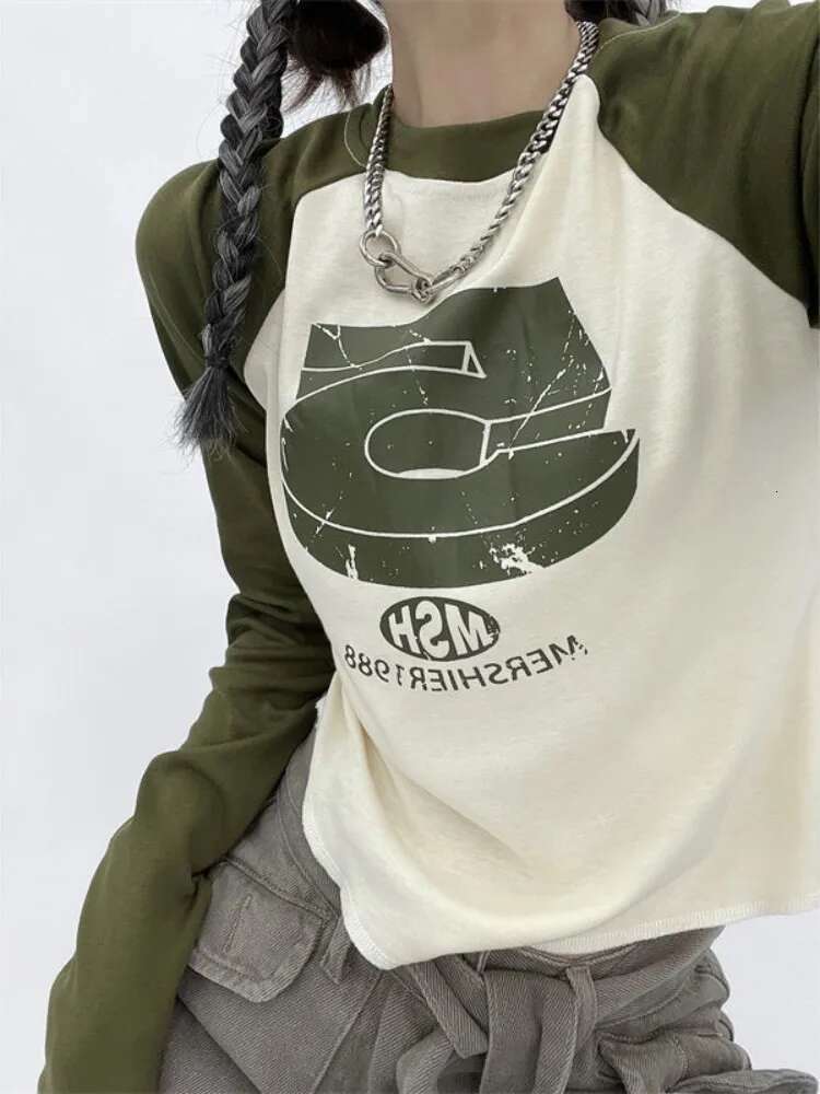Spring Vintage Y2k Patchwork Green Tshirts Women Hippie Streetwear Long Sleeve T Shirt Female Kpop Retro Autumn Crop Tops