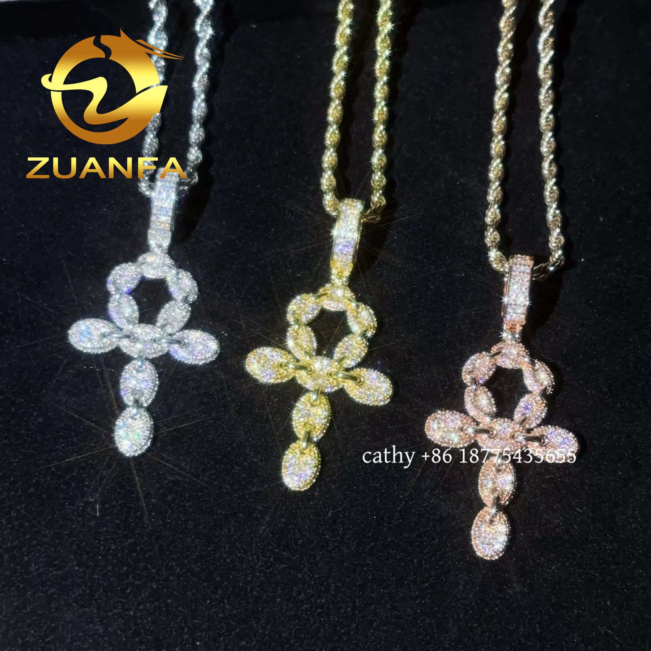 48 Hour Ship Out VVS Moissanite Hip Hop Jewelry Cross Iced Out Pendant Sterling Silver 925 Moissanite Pendant With Rope Chain