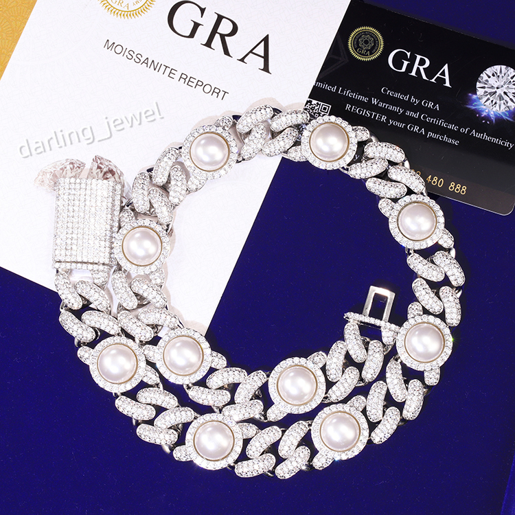 Unique Design Elegant Necklace 17mm Wide Freshwater Pearl Sterling Silver VVS Iced Out Moissanite Chain for Anniversary Gift