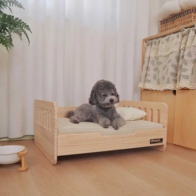 Solid wood pet cat and dog bed with mat scratch resistant canvas seasonal mat mini dog bed indoor pet furniture X250412