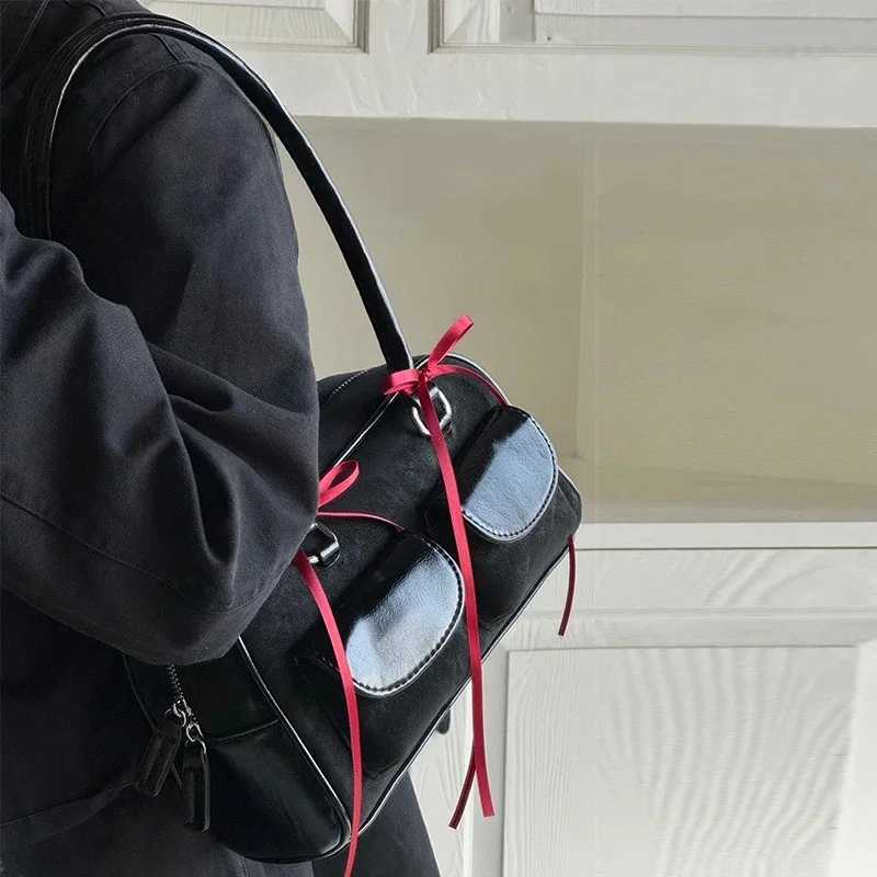 Korean Fashion Womens Shoulder Bag Soft Suede with PU Leather Bowling Handbag Casual Luxury Vintage 2024 New Boston Tote BagW251111