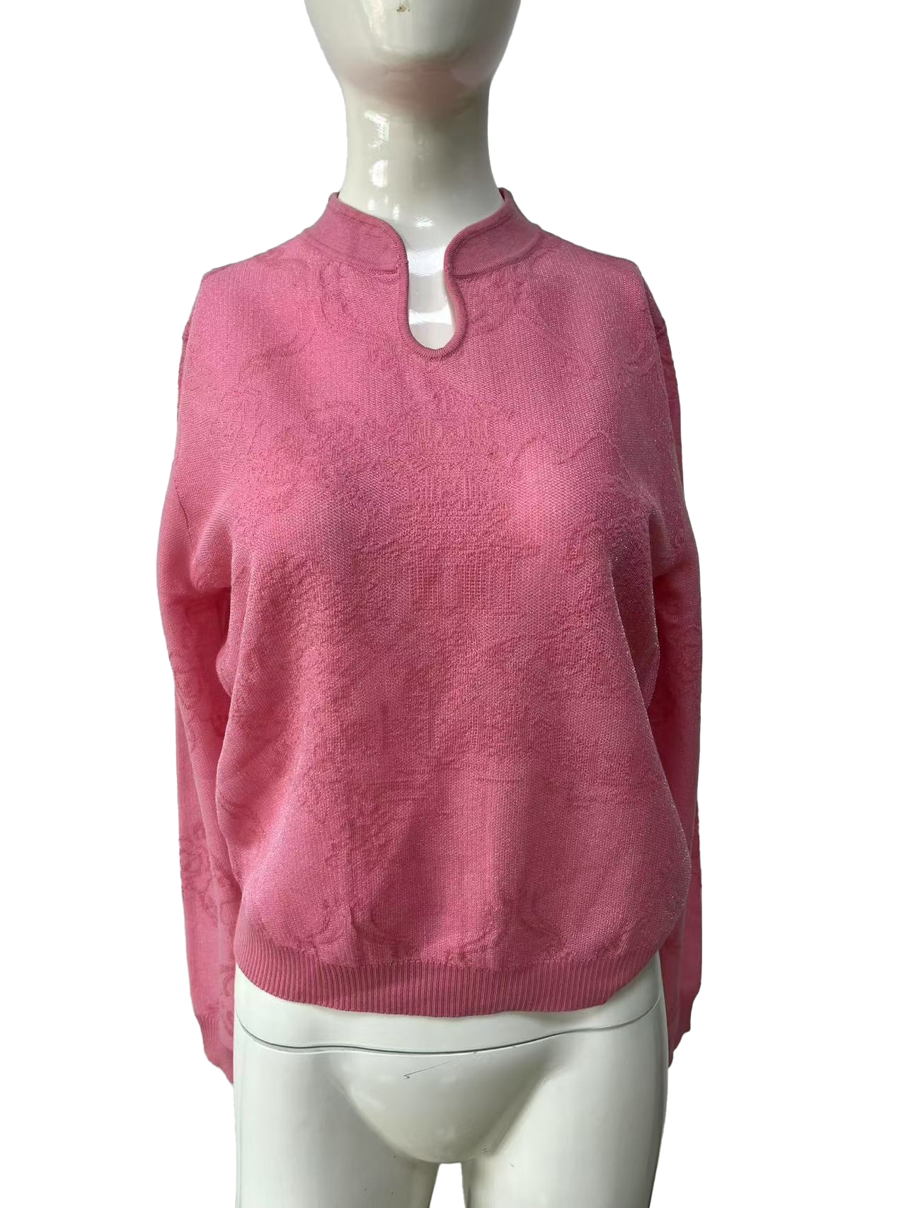 Elegant Chinese Design Cheongsam Collar Full Length Jacquard Sweater in Wool & Organza Mix