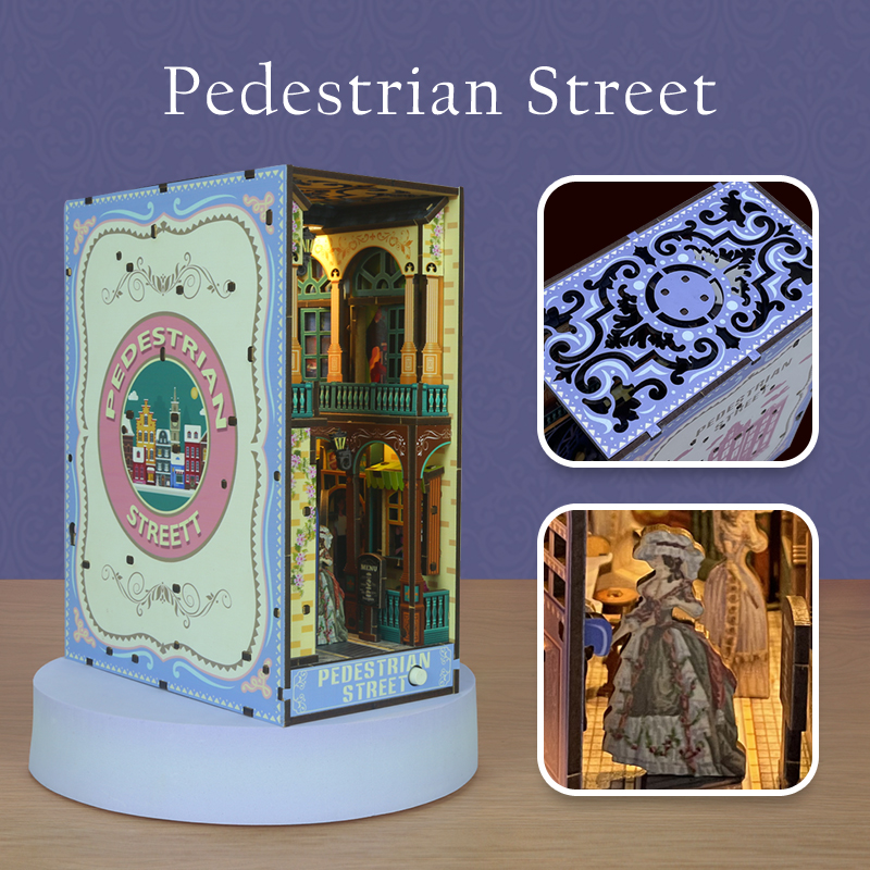Pedestrian Street DIY Assembled Bookend, Exquisite 3D Wooden Puzzle with LED Light Effect, Creative Bookshelf Insert Decor & Unique Gift for Book Love