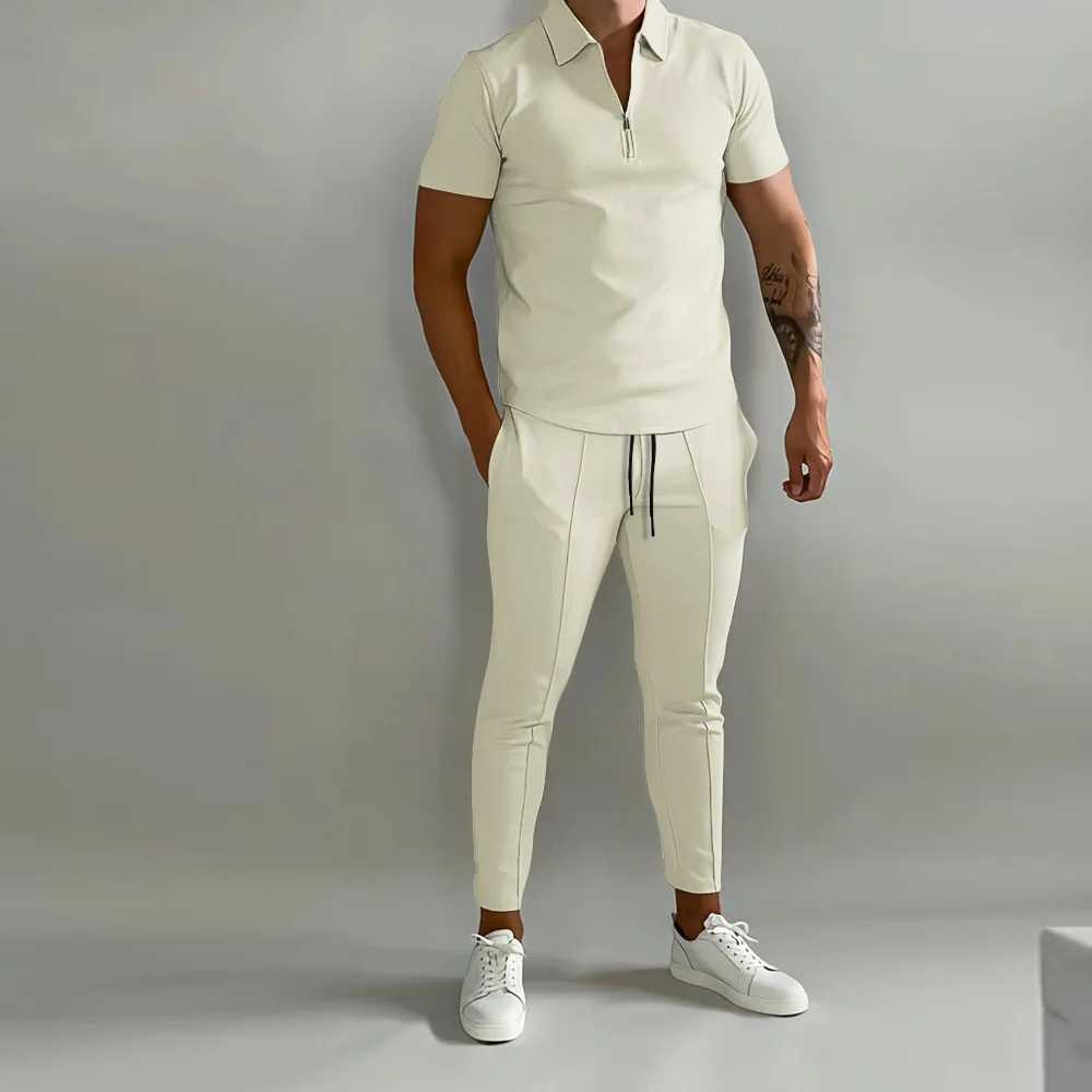 Spring/Summer New Mens Polo Shirt Short Sleeve Pants Set Solid Color Simple Fashion Lightweight Daily High Quality Mens WearXJ250412