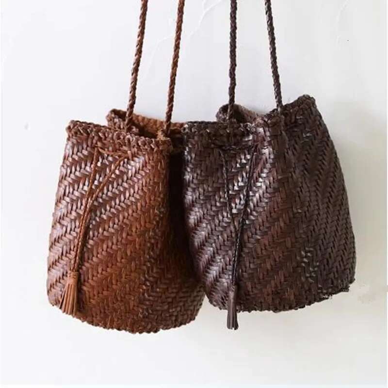 Designer Woven Totes Women Genuine Leather Cowskin Knitting Shopping Basket Handbag Female Bucket Bag Wholesale 2025 New