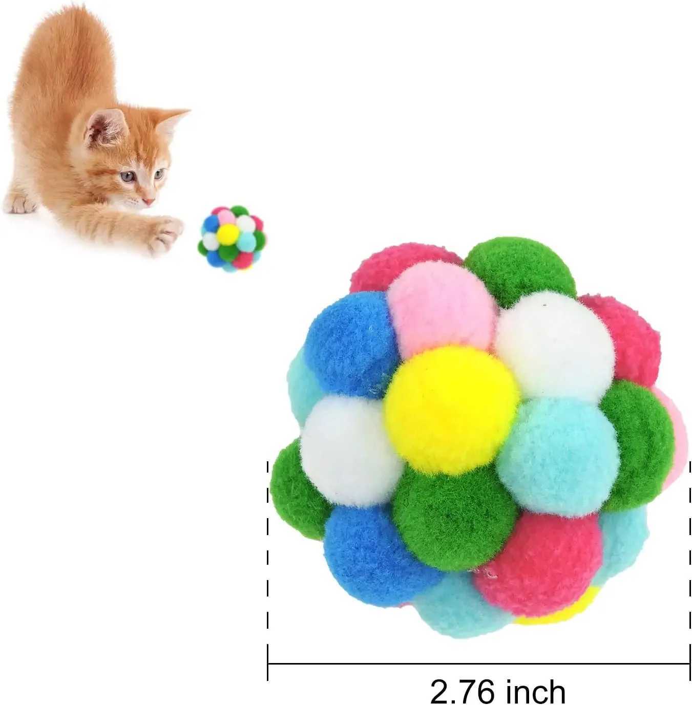 3/60 pieces of cat toy balls with bells colored cat Pom balls Tinsel glitter balls indoor cat and kitten interactive toys Y250412