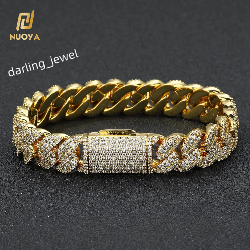 NUOYA Custom Iced Out Diamond Cuban Bracelet Hip Hop Fashion Jewelry Silver Plated 14MM Miami Cuban Link Bracelet