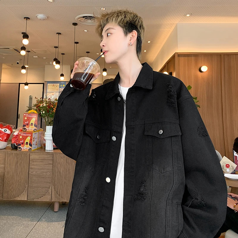 Denim jacket hip-hop mens clothing streetwear ripped hole denim jacket outerwear denim jacket flip collar oversized jacket 250411