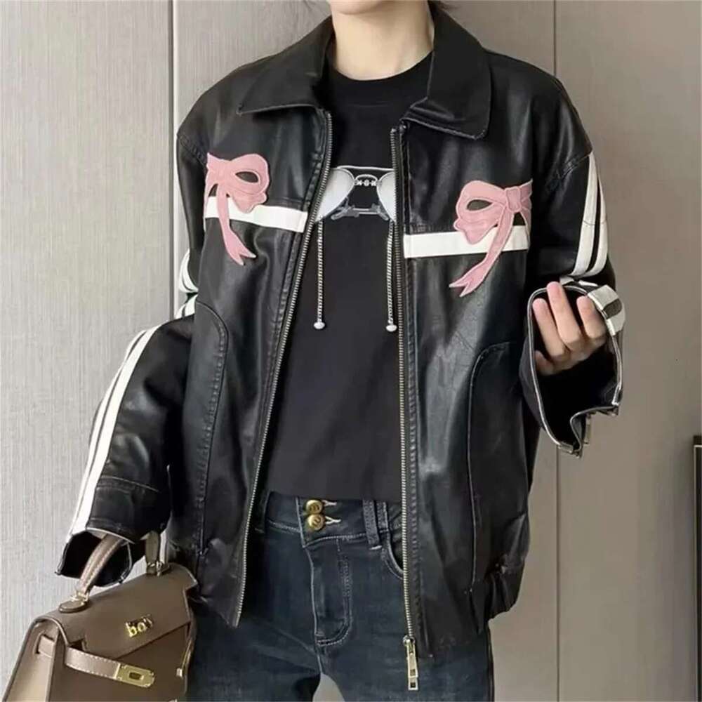 Designer Clothes Women Vintage Lapel Collar Jackets Haruku Bow Zipper Pu Overcoat Female Casual Tops Winter Autumn Streetwear Chic Y2k Clothes