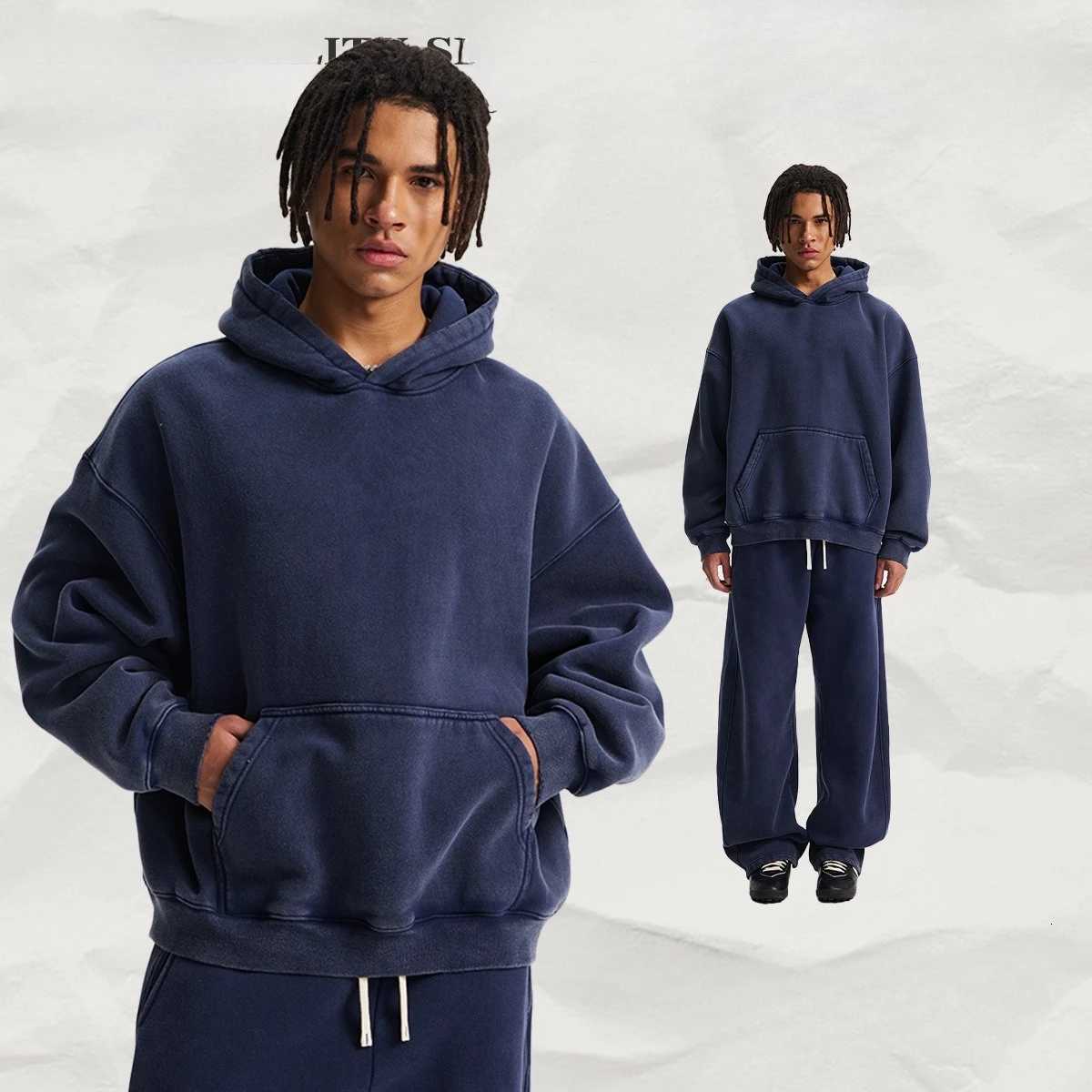 POD customization Custom mens new short BOXY version 370G heavy fleece worn old hooded sweater scimitar wide leg trousers couple suitT251112