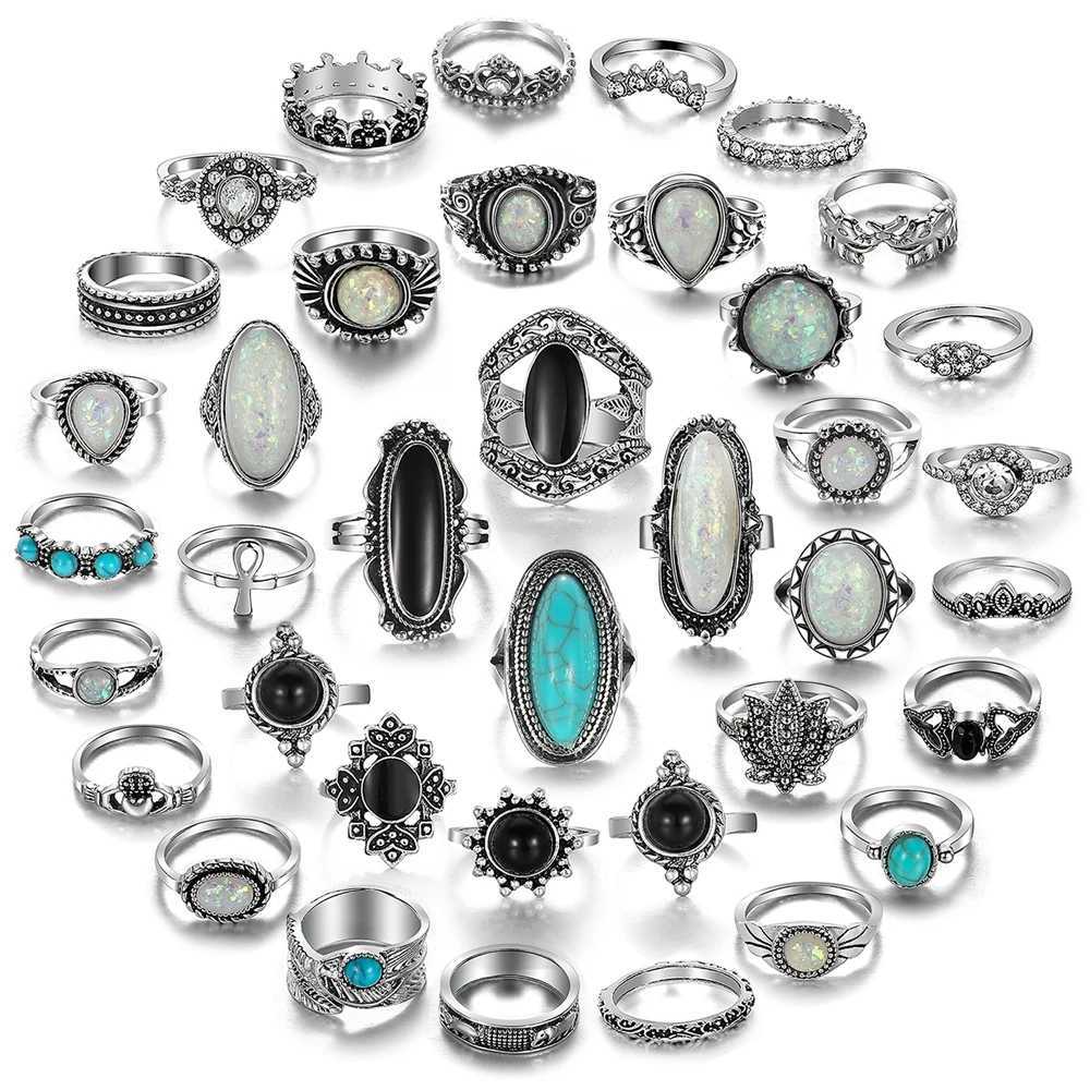 IPARAM set Bohemian metal ring womens retro silver feather crown ring fashion jewelry wholesaleXJ250412
