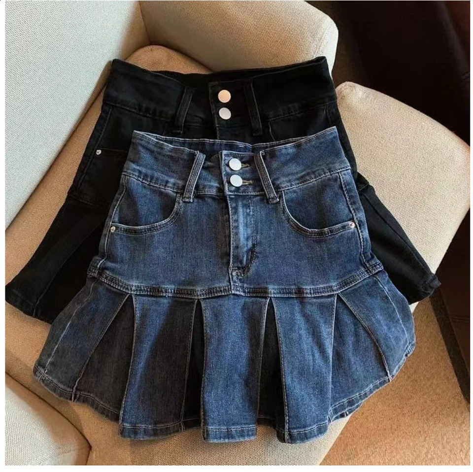 High-Waisted Denim Skirt Womens Pleated Retro Blue Skinny A-line Flanged Wrap Hip Skirt 250407