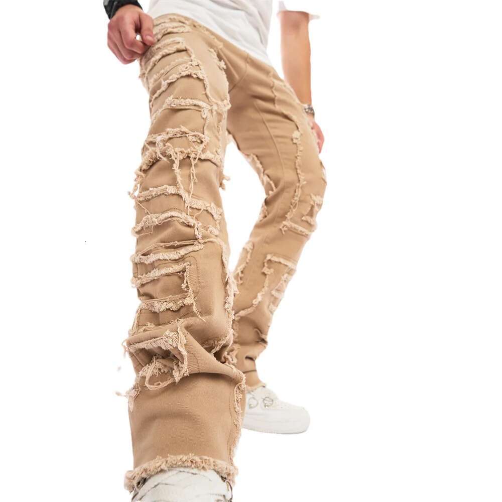 Streetwear Men Stylish Stacked Spliced Slim Biker Jeans Pants Male Hiphop Distressed Motorcycle Straight Flared Denim Trousers