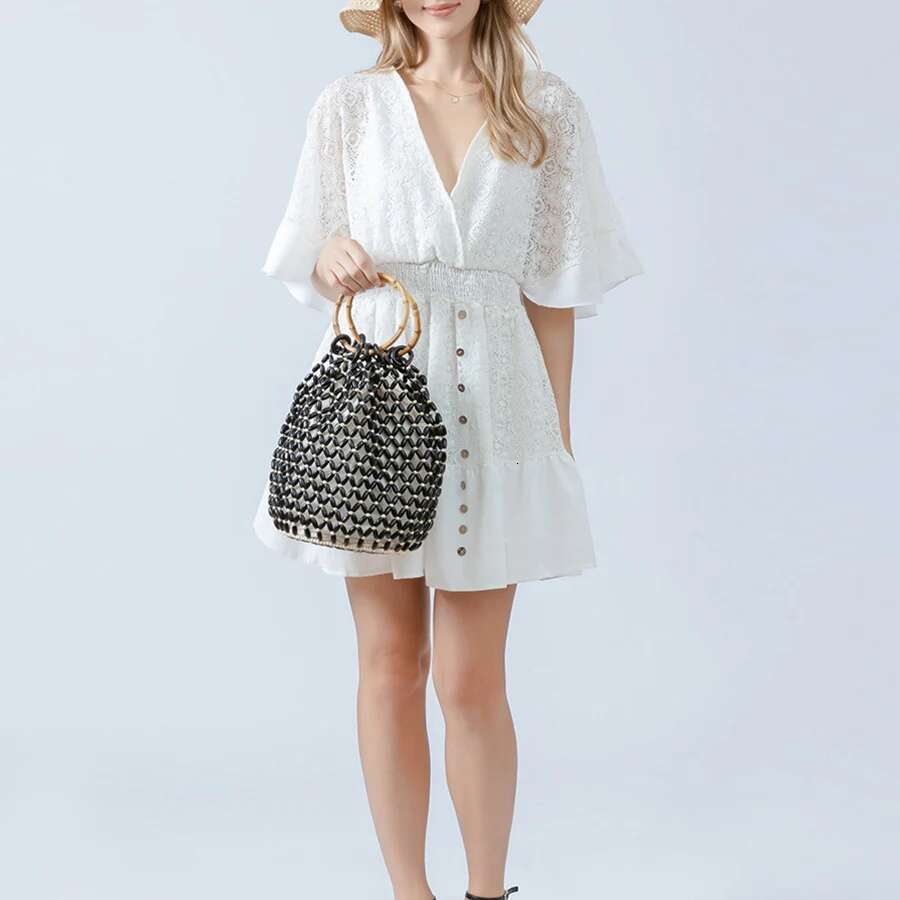 womens woven new hollow out bucket summer design commuter wood bead totes bag bohemian travel beach handbag clutch bags