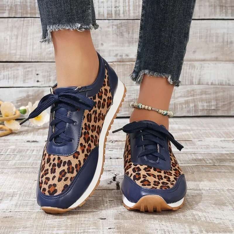 2025 summer new leopard print designer fashion sports shoes mixed color casual women's lace up vulcanized shoes