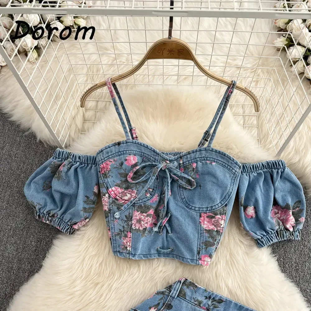 Vintage Flower Print Denim Two Pieces Sets Women Summer V-Neck Lace-up Jeans Crop Top High Waist Irregular Skirt Female Suits 250411