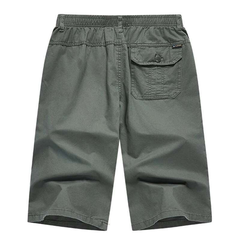 Summer Men Cotton Cargo Shorts Knee Zipper Pocket Casual Tactical Short Elastic Waist Climbing Sports Joggers Cropped Pants Male